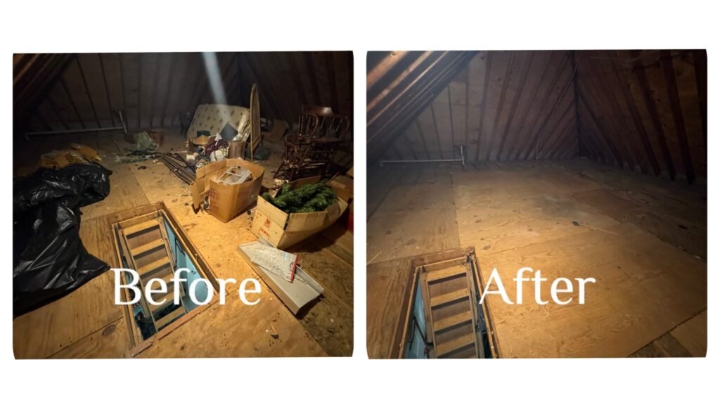 Before and after attic cleanout removing clutter and junk for a clean empty attic.