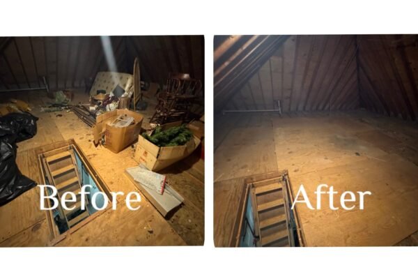 Before and after attic cleanout removing clutter and junk for a clean empty attic.