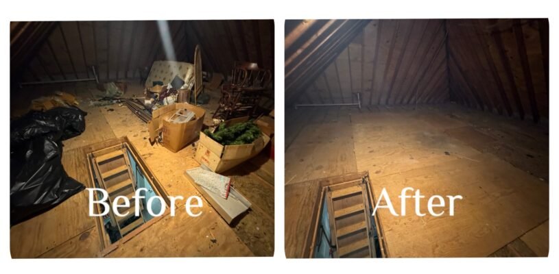 Before and after attic cleanout removing clutter and junk for a clean empty attic.