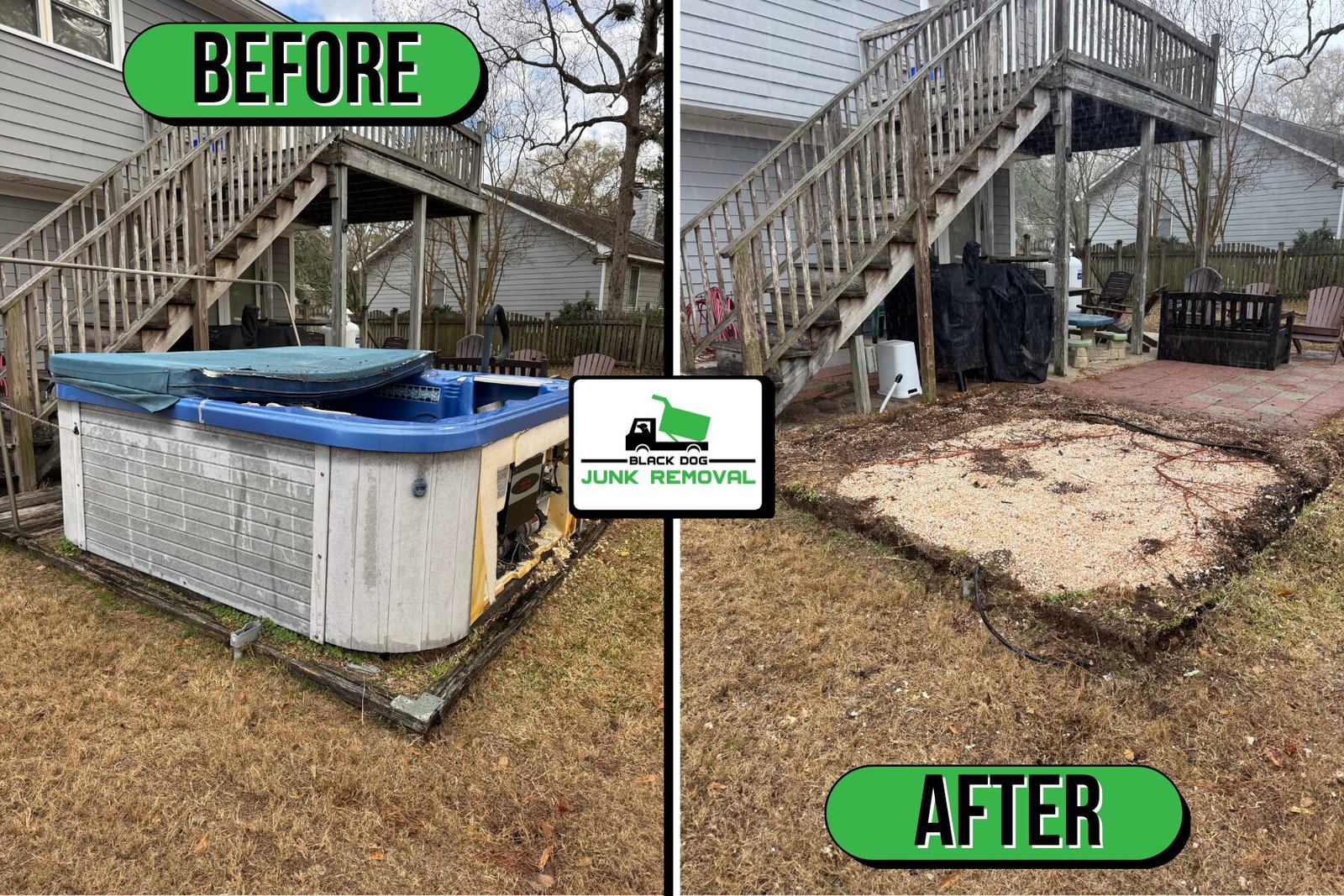 Before and after graphic showing a broken outdoor hot tub removed from a Charleston backyard, leaving a clean and cleared space after professional junk removal.