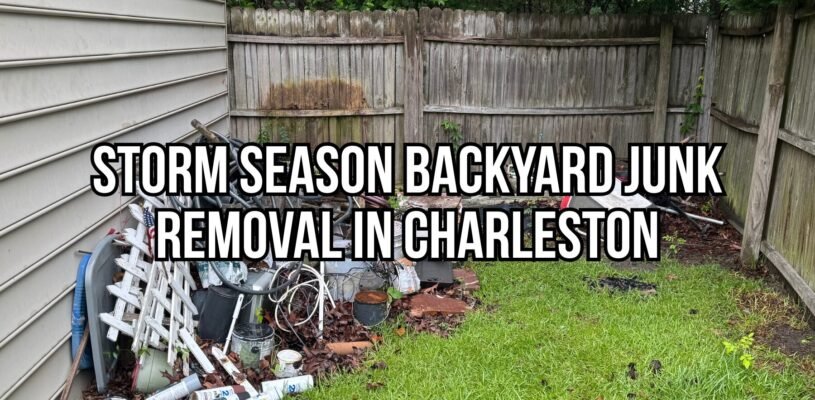 Backyard clutter and debris piled near a fence and house before storm season yard junk removal in Charleston.