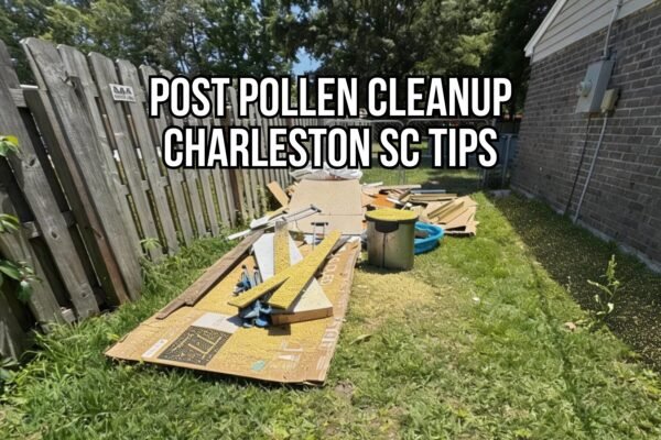 Charleston homeowner cleaning pollen off a front porch during spring post pollen cleanup
