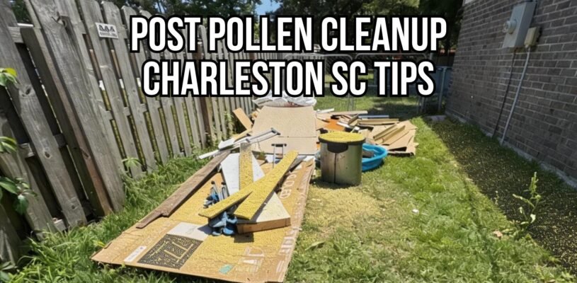 Charleston homeowner cleaning pollen off a front porch during spring post pollen cleanup