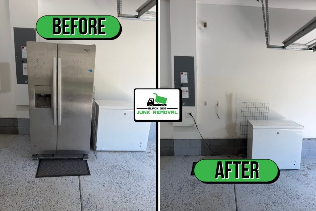 Before-and-after garage refrigerator removal showing the space cleared after the old fridge was hauled away.