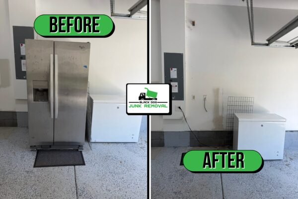 Before-and-after garage refrigerator removal showing the space cleared after the old fridge was hauled away.