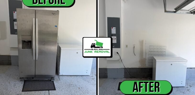 Before-and-after garage refrigerator removal showing the space cleared after the old fridge was hauled away.