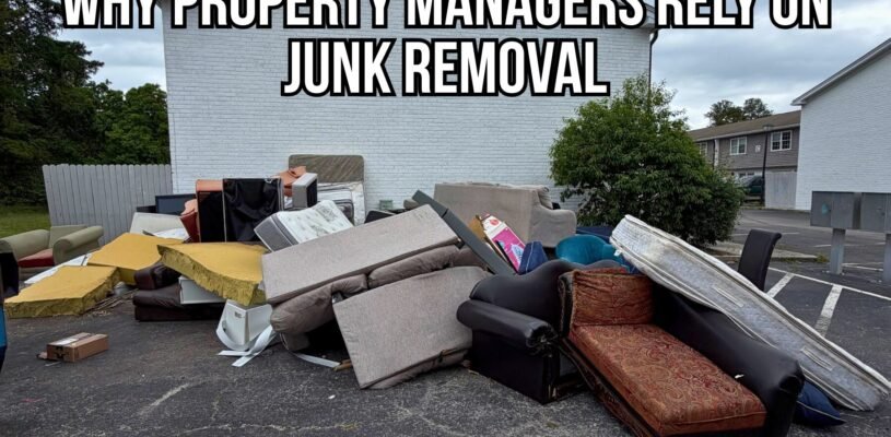 Large pile of discarded furniture, mattresses, couches, cushions, and household junk from an apartment cleanout staged outside a residential property. Overlay text reads, "Why Property Managers Rely on Junk Removal," highlighting the importance of professional junk removal services for apartment turnovers and property management.