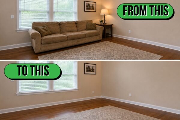 Before-and-after view of a Charleston living room showing an old couch removed and the space left clean and open.