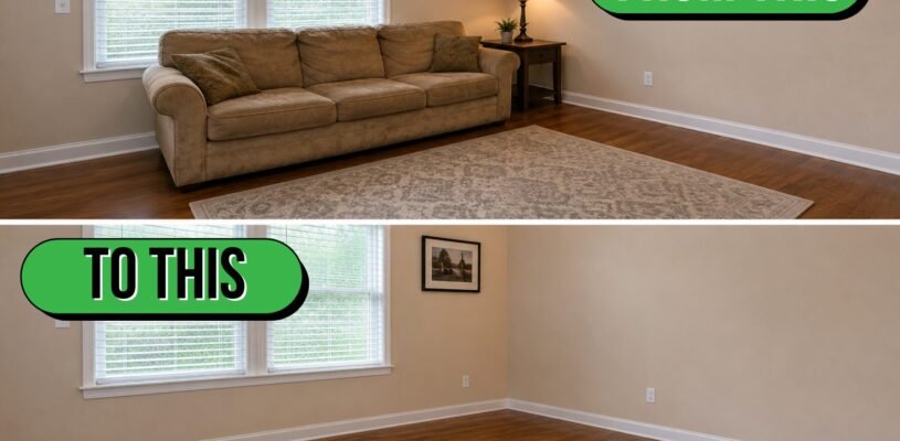 Before-and-after view of a Charleston living room showing an old couch removed and the space left clean and open.