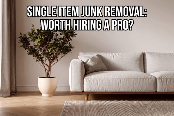Modern living room with a white sofa and potted tree featuring the text, “Single Item Junk Removal: Worth Hiring a Pro?”