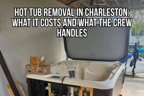 Old hot tub prepared for removal from a covered patio in Charleston, SC.