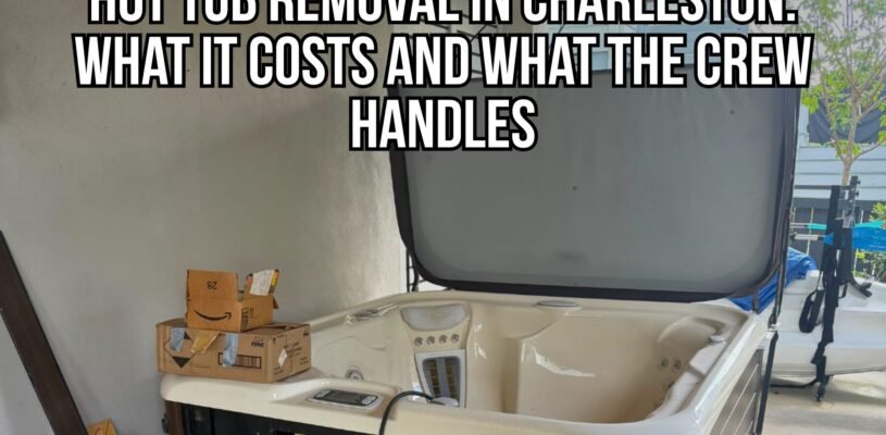 Old hot tub prepared for removal from a covered patio in Charleston, SC.
