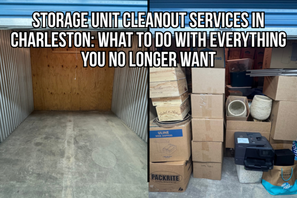 Before-and-after photos of a storage unit cleanout in Charleston, SC, showing a unit filled with boxes and household items beside the same unit completely emptied, illustrating professional storage unit cleanout services.