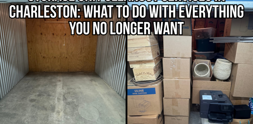 Before-and-after photos of a storage unit cleanout in Charleston, SC, showing a unit filled with boxes and household items beside the same unit completely emptied, illustrating professional storage unit cleanout services.